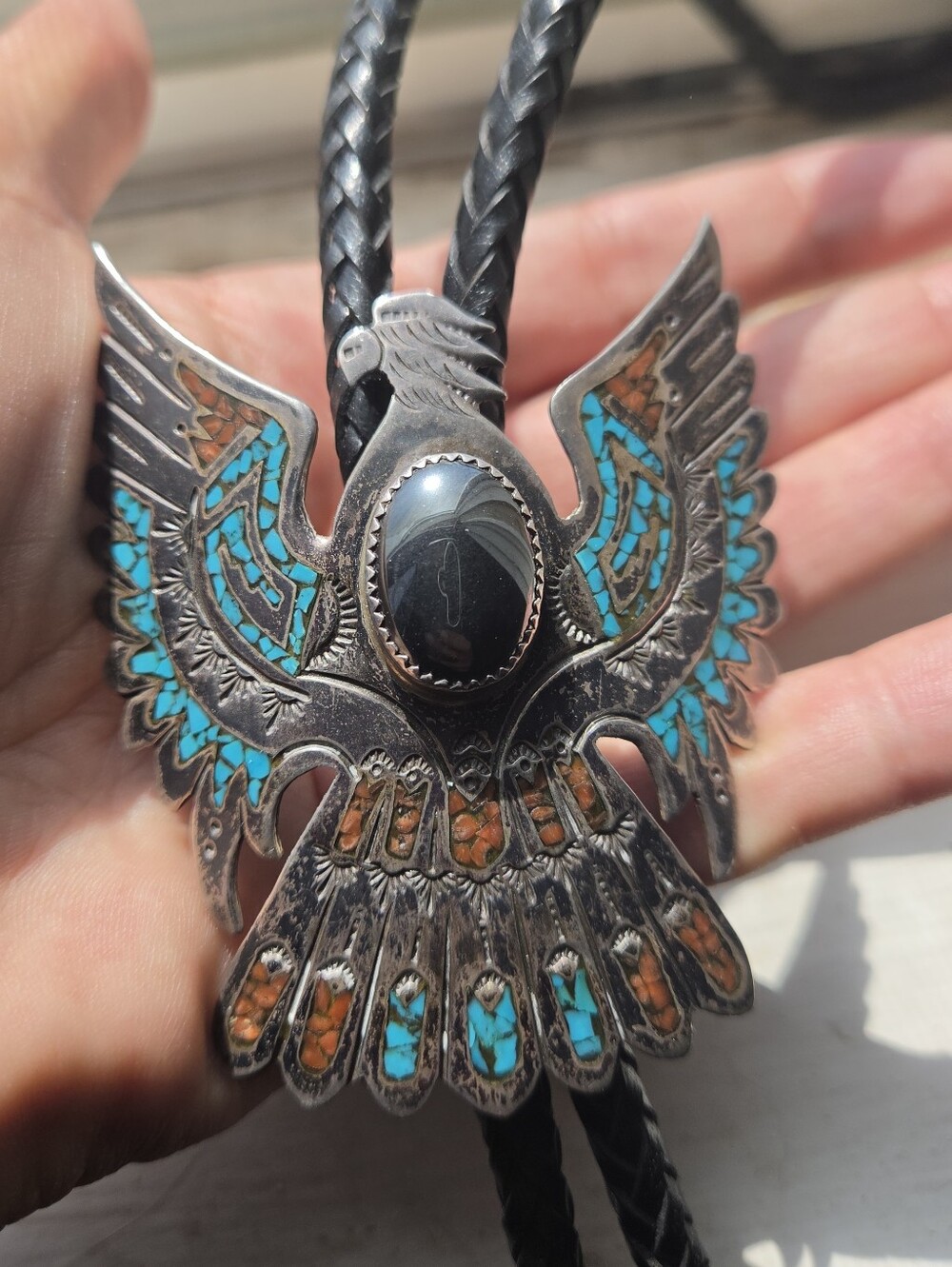 Large Vintage Navajo Henry Baca Signed Inlaid Thunderbird Bolo Tie Sterling